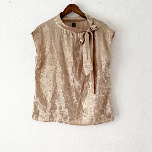 Metallic Gold Tie Neck Blouse Large 8/10 Statement Elegant Holiday Party Layer - Picture 2 of 12